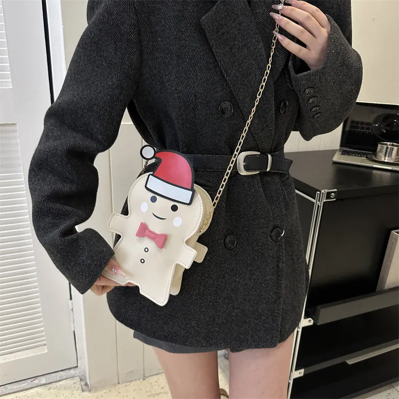 Gingerbread Man Crossbody Bag For Women Christmas Hat PU Leather Metal Chain Shoulder Purse Cute Cartoon Festival Gift