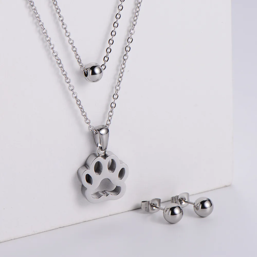 Hollow Paw Print Double Layer Necklace And Ball Stud Earrings Stainless Steel Minimalist Jewelry For Women