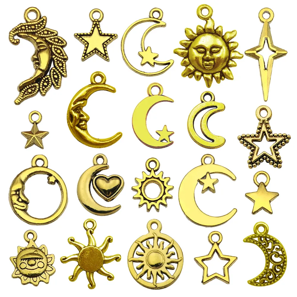 Vintage Antikgold Zinklegierung Sonne Mond Sterne Anhänger Für DIY Halskette Armband Herstellung Himmlischer Schmuck Zubehör