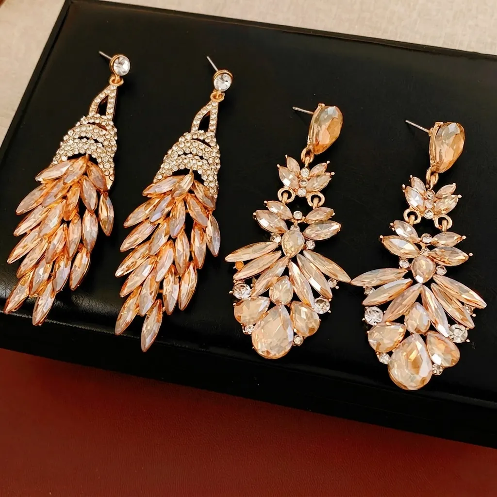 Boucles D'Oreilles Pendantes Longues À Glands Alliage Strass Cristal Champagne Vintage Baroque Mariage Avec Tige En Argent