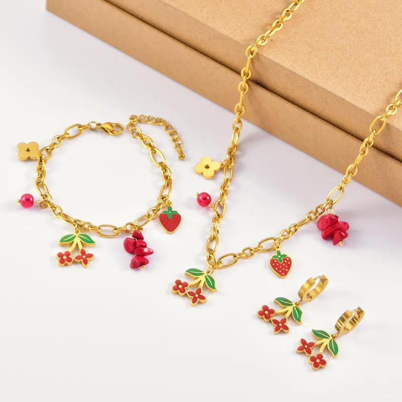 Strawberry Cherry Fruit Jewelry Stainless Steel Red Enamel Necklace Bracelet Earrings Sweet Fashion For Women