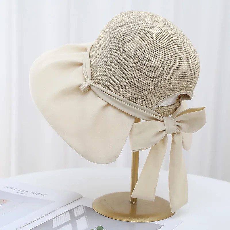 Chapeau De Soleil Femme Paille Tissu Patchwork Protection UV Large Bord Nœud Élégant Vacances Plage Été