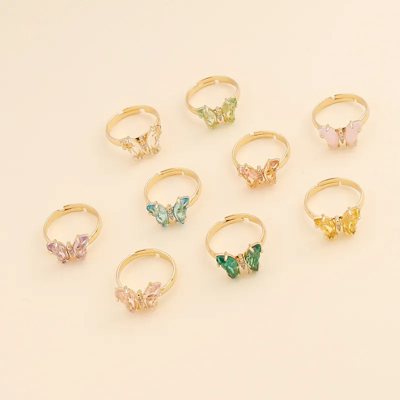 Bague Papillon Cuivre Zircon Coloré Plaqué Or Ajustable Bijoux De Mode Pour Femmes Style Ins Tendance