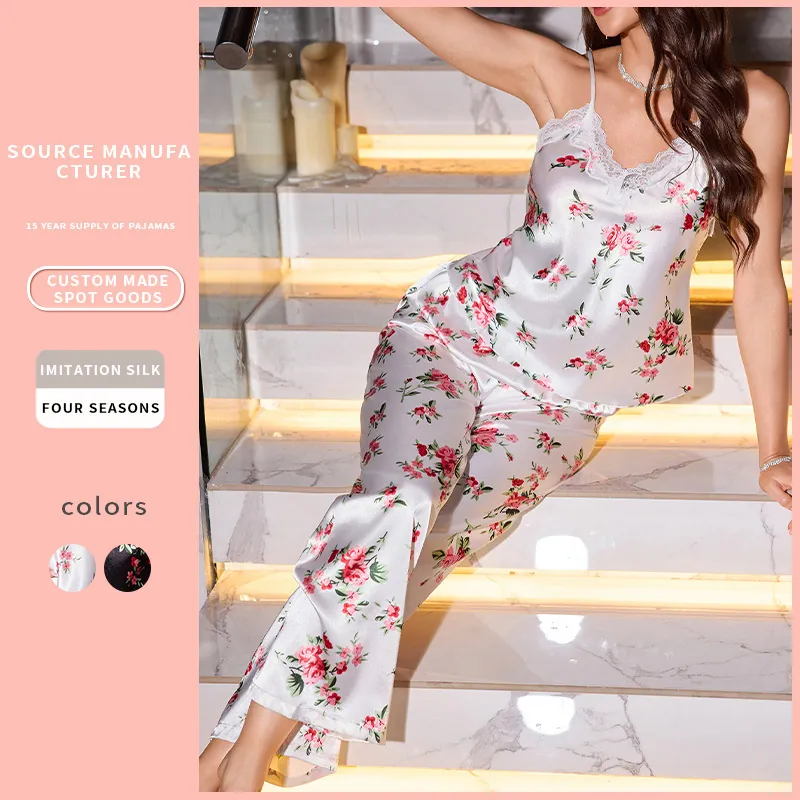 Pyjama Femme Top À Bretelles Et Pantalon Long Imitation Satin Satin Imprimé Floral Rose Dentelle Col V