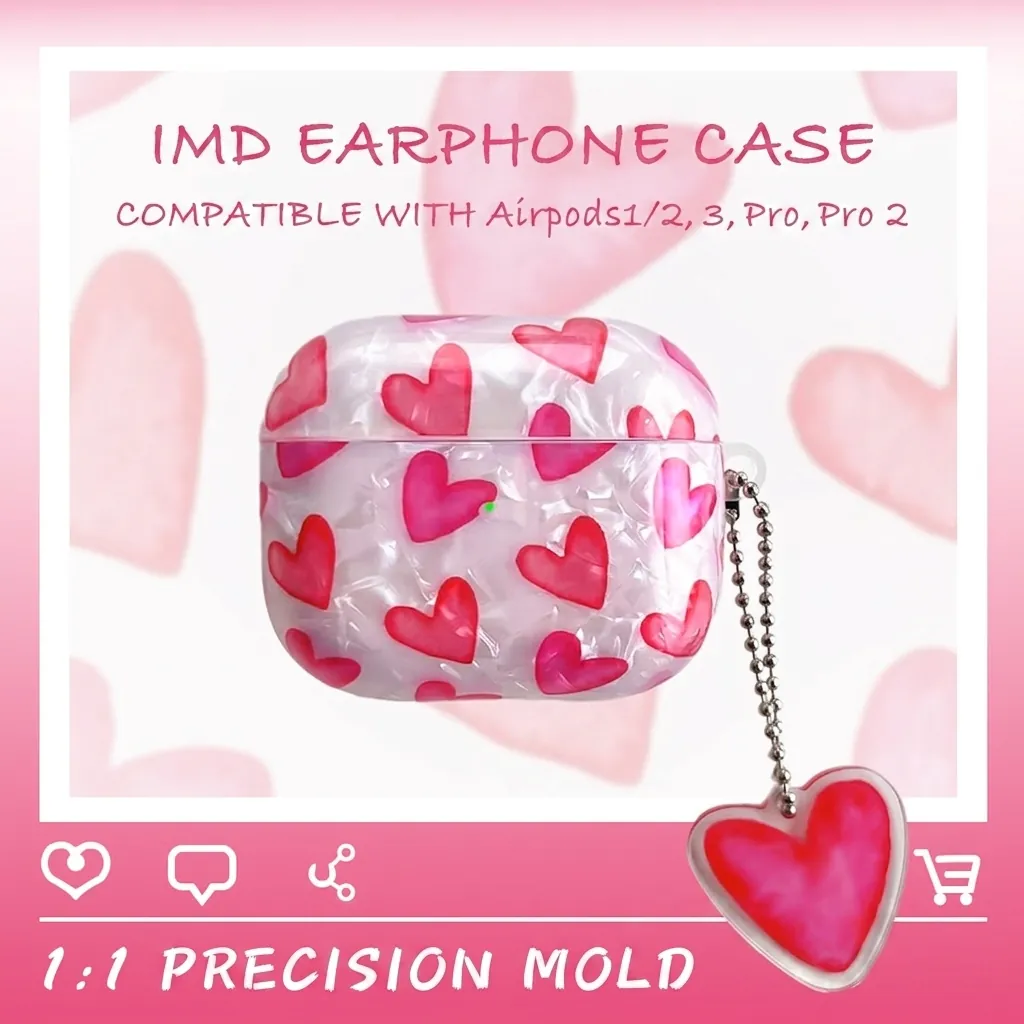 Heart Pattern Pearl Shell Texture Wireless Earphone Case With Heart Charm IMD Soft TPU Protective Cover For Women Sweet Fashion