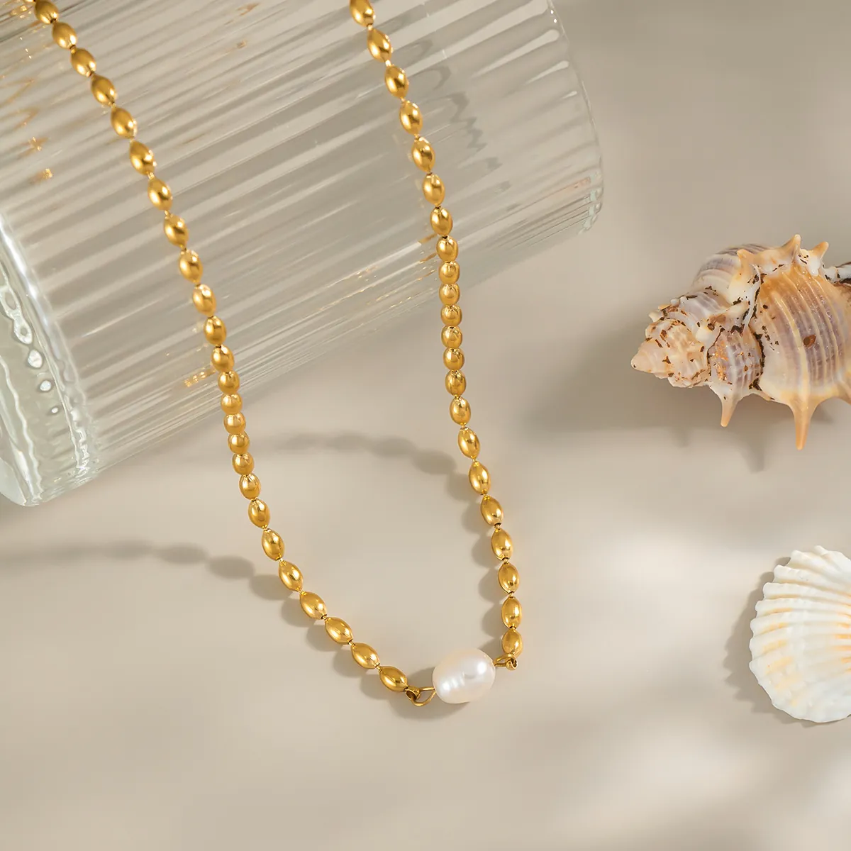Vintage Elegant Natural Freshwater Pearl Pendant Necklace For Women Stainless Steel 18K Gold Plated Rice Bead Chain