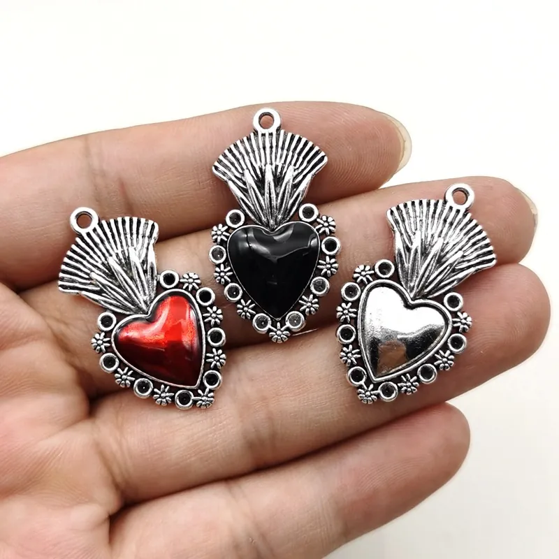 Vintage Gothic Sacred Heart Charm Pendants Alloy Enamel Rhinestone Heart Shaped For DIY Jewelry Making Necklaces Earrings Accessories