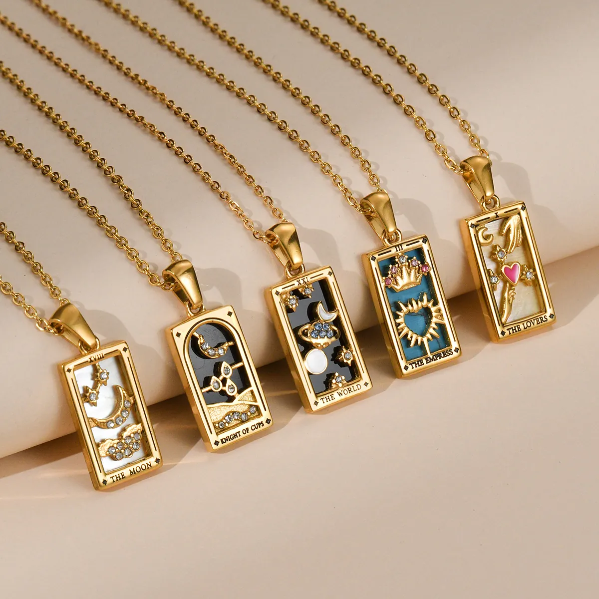 Tarot Card Pendant Necklace Stainless Steel Gold Plated Enamel Zircon Vintage Mystical Jewelry For Women