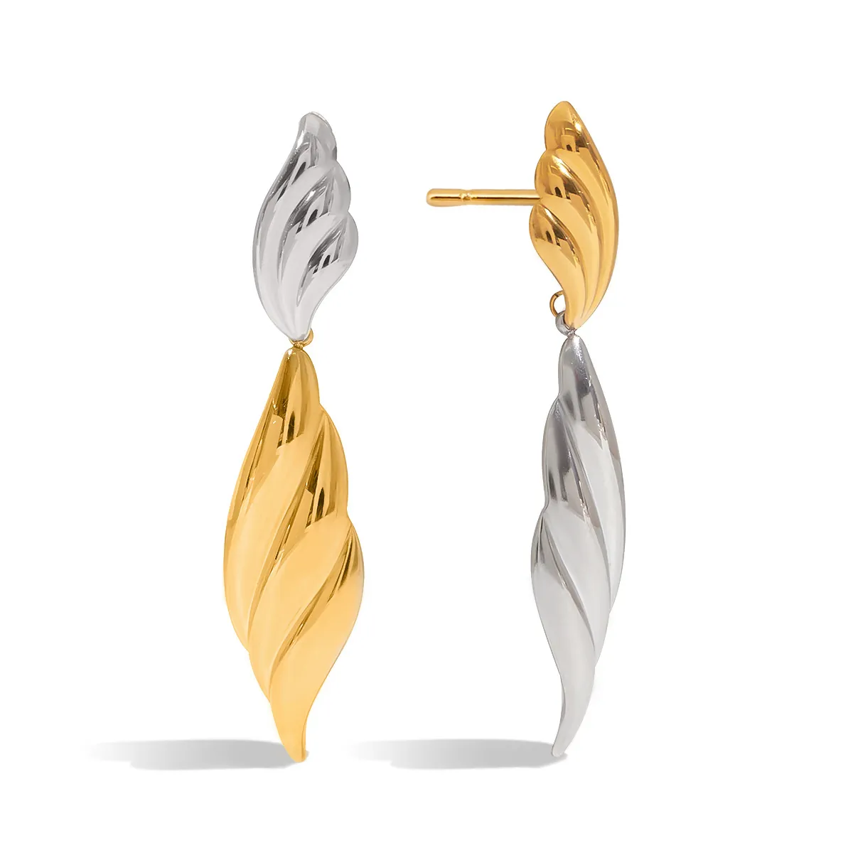 Boucles d'Oreilles Pendantes Minimalistes en Acier Inoxydable Bicolore Or 18K Design Aile Nervurée Bijoux Géométriques pour Femme