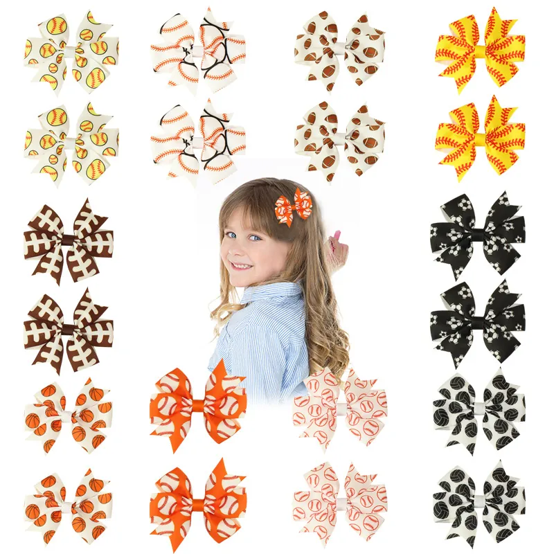 Kids Girls Bow Hair Clips Grosgrain Ribbon Sports Pattern Printed Baseball Basketball Soccer Football Handmade Cute Hairpin