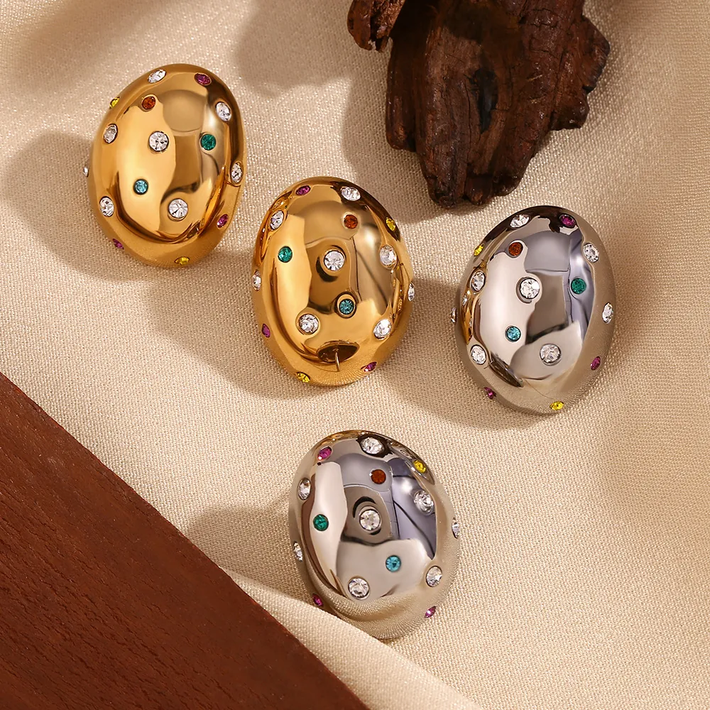 Colorful Cubic Zirconia Oval Stud Earrings For Women 18K Gold Plated 316L Stainless Steel Egg Shape Geometric Jewelry