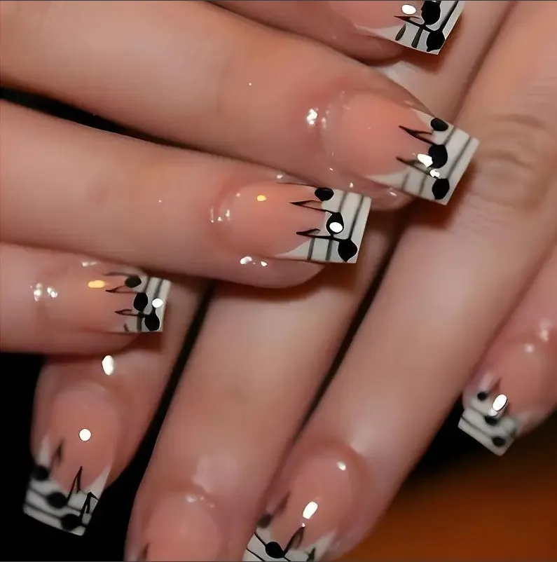 Musical Note Staff French Tip Square Artificial False Nails Elegant Wearable Manicure For Women