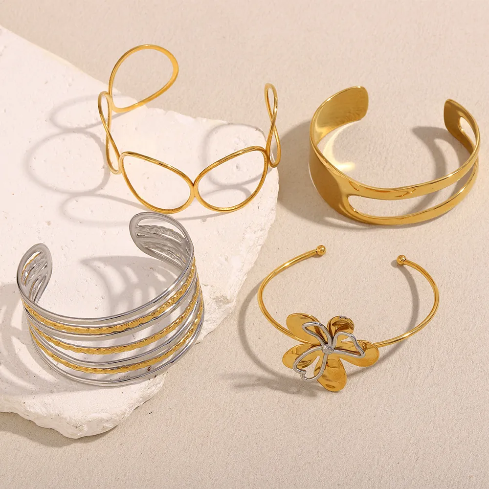 Stainless Steel Bangle 18K Gold Plated Layered Geometric Hollow Flower Open Cuff Adjustable Fashion Jewelry For Women