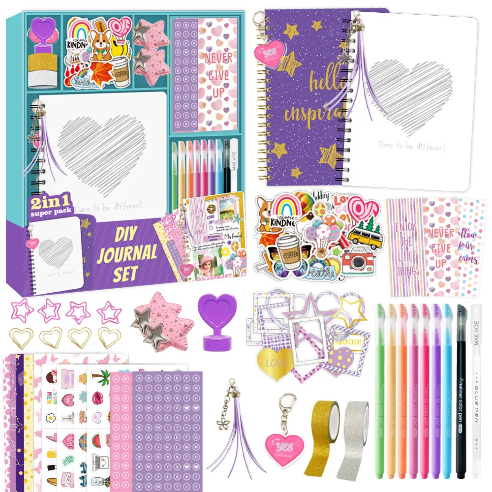 DIY Journaling Supplies Scrapbook Material Notebook Decorative Stickers Colorful Pens Tapes Aesthetic Creative Stationery Gift For Girls Kids