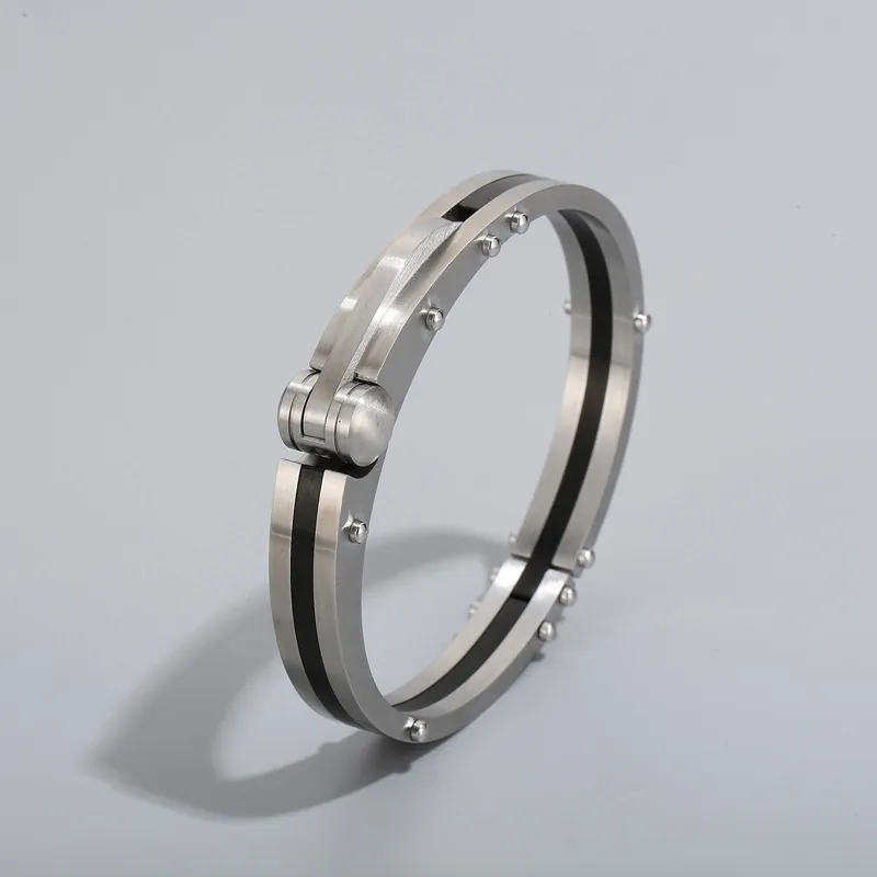 Mechanical Men Bangle Bracelet Titanium Stainless Steel Industrial Rivet Retro Punk Hinge Opening Clasp Jewelry