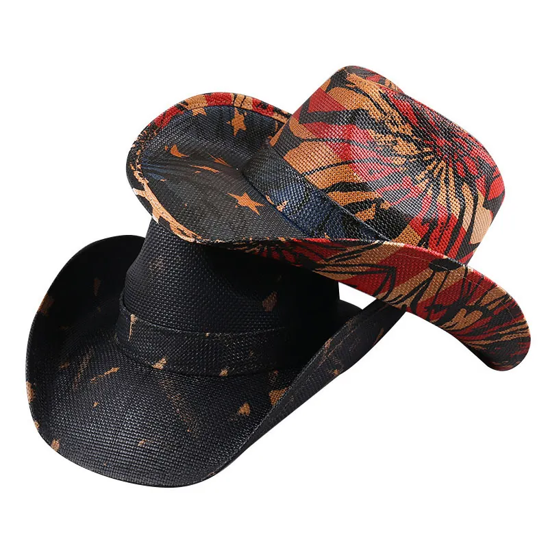 Retro Western Cowboy Hat Machine Embroidered Straw Woven Wide Brim Panama Hat For Summer Beach Party Sun Protection Men Women