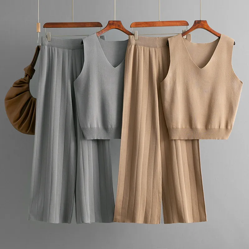 Knit Sleeveless V Neck Tank Top And Wide Leg Pants Summer Casual Commuter Outfits Solid Color Women Fashion