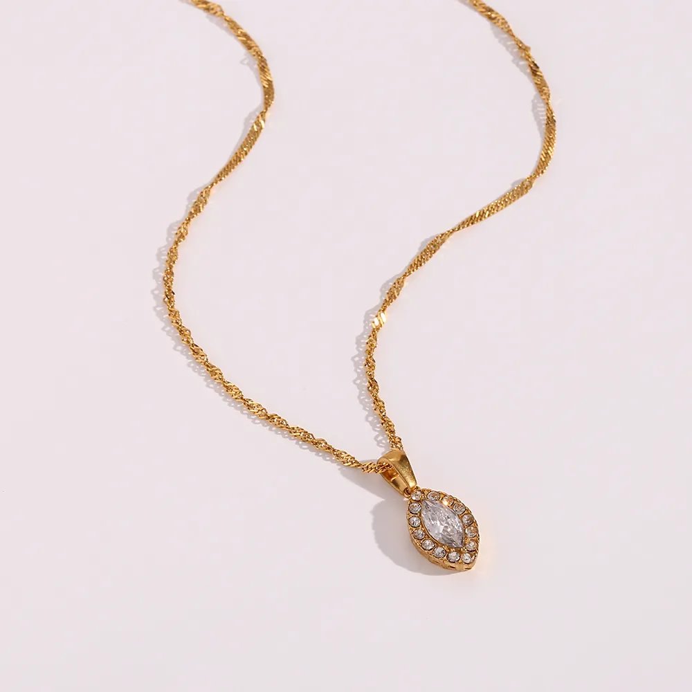 Fashion Stainless Steel Marquise Zirconia Pendant Necklace For Women Gold Plated Elegant Leaf Eye Shape Jewelry Gift