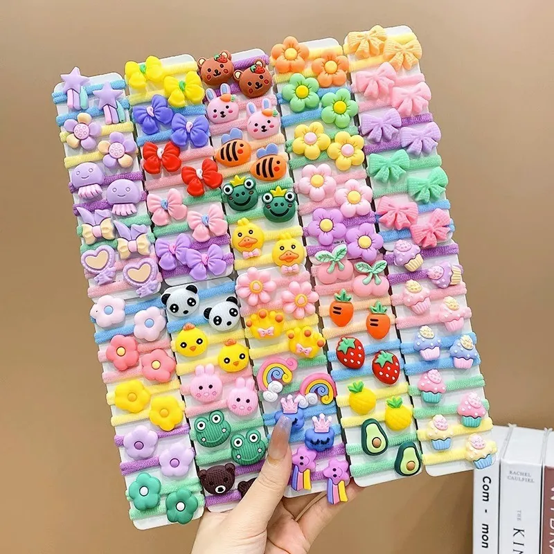 Children Cartoon Elastic Hair Ties Gauze Resin Flower Animal Fruit Pattern Hair Bands For Baby Girls Cute Hair Accessories