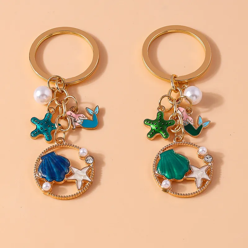 Mermaid Starfish Shell Keychain Zinc Alloy Enamel Faux Artificial Pearl Rhinestone Ocean Beach Theme Bag Charm For Women Girls