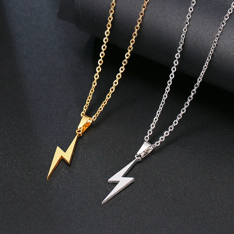 Lightning Bolt Pendant Necklace Stainless Steel Trendy Minimalist Punk Style Jewelry For Unisex Couples