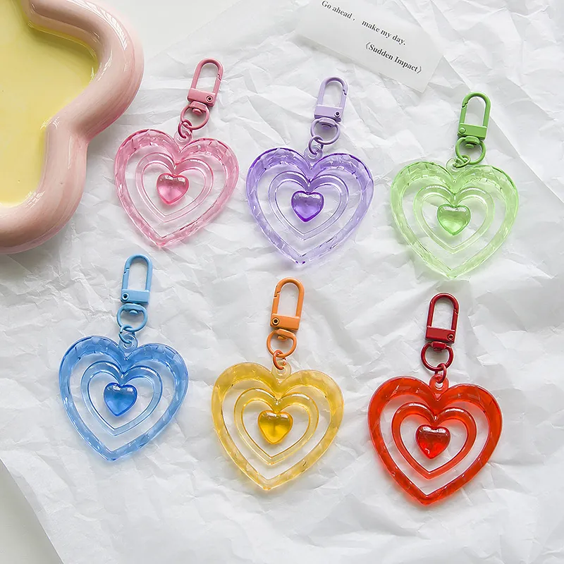 Sweet Multi Layered Nested Heart Keychain Acrylic Resin Hollow Candy Color Bag Charm Pendant For Women Girls