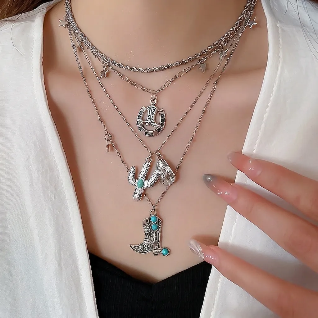 Western Cowboy Style Layered Necklace Alloy Multi Strand Chain With Cowboy Boot Cactus Horseshoe Pendants Vintage Jewelry