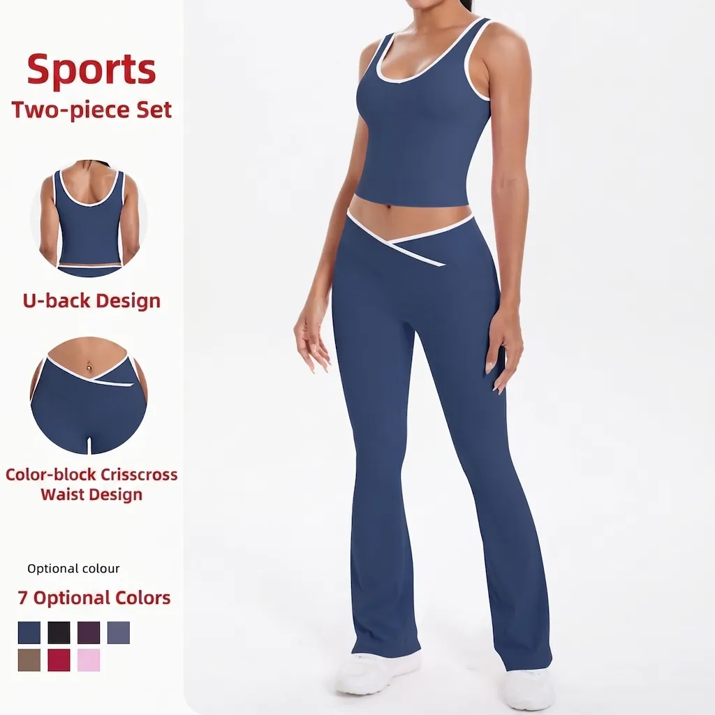 Ensemble de Yoga en Nylon Haut Et Bas Taille Haute Croisée Leggings Évasés Brassière de Sport Dos Nu Tenue pour Femmes