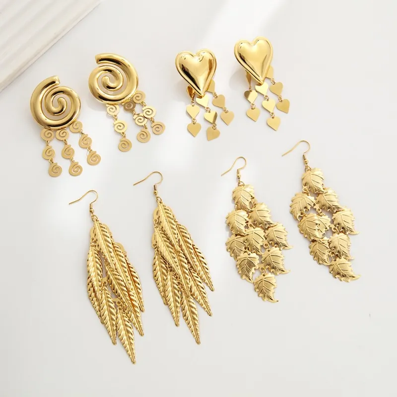 Vintage Stainless Steel Gold Plated Multi Layer Leaf Heart Star Tassel Long Drop Earrings For Women Fashion Jewelry Earring