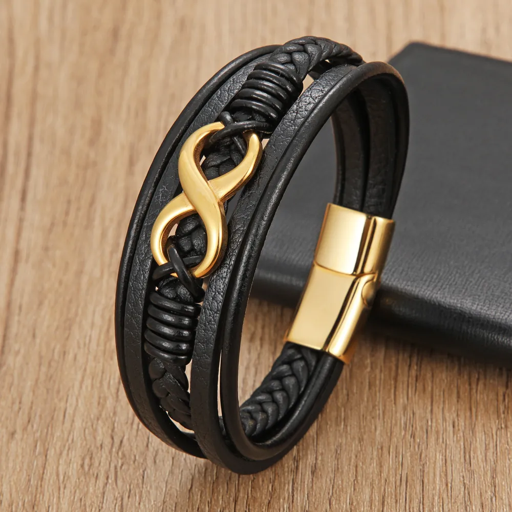 Multilayer Braided Leather Bracelet For Men Stainless Steel Infinity Charm Retro Handcrafted Jewelry Magnetic Clasp