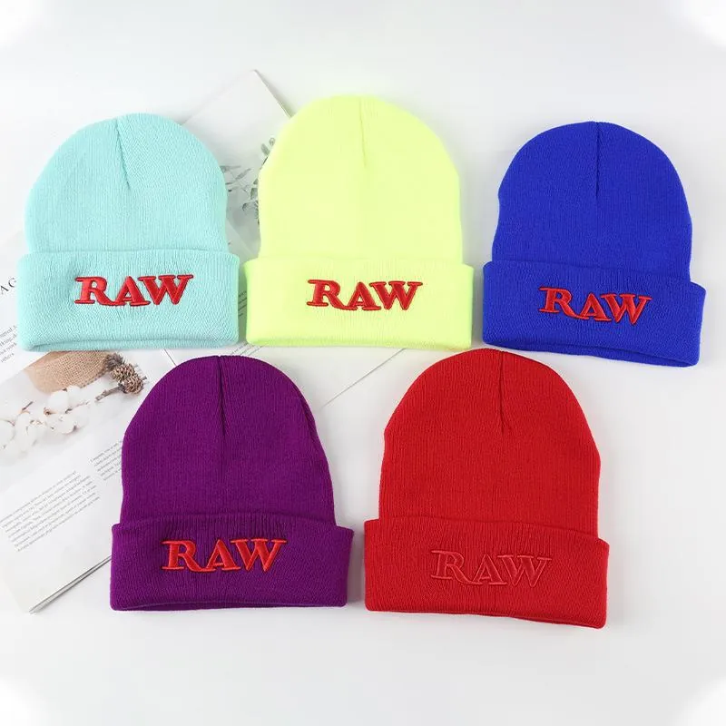Knit Beanie Hat Winter Warm Cuffed RAW Letter Embroidery Streetwear Casual Soft Stretchy Skull Cap