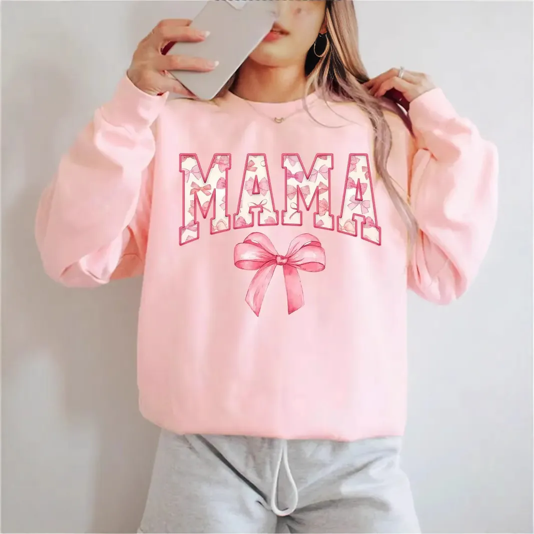 Women Mama Est 2025 Coquette Hoodie Fleece Lined Pullover Sweatshirt Aesthetic Casual Long Sleeve Pink Bow Print Top