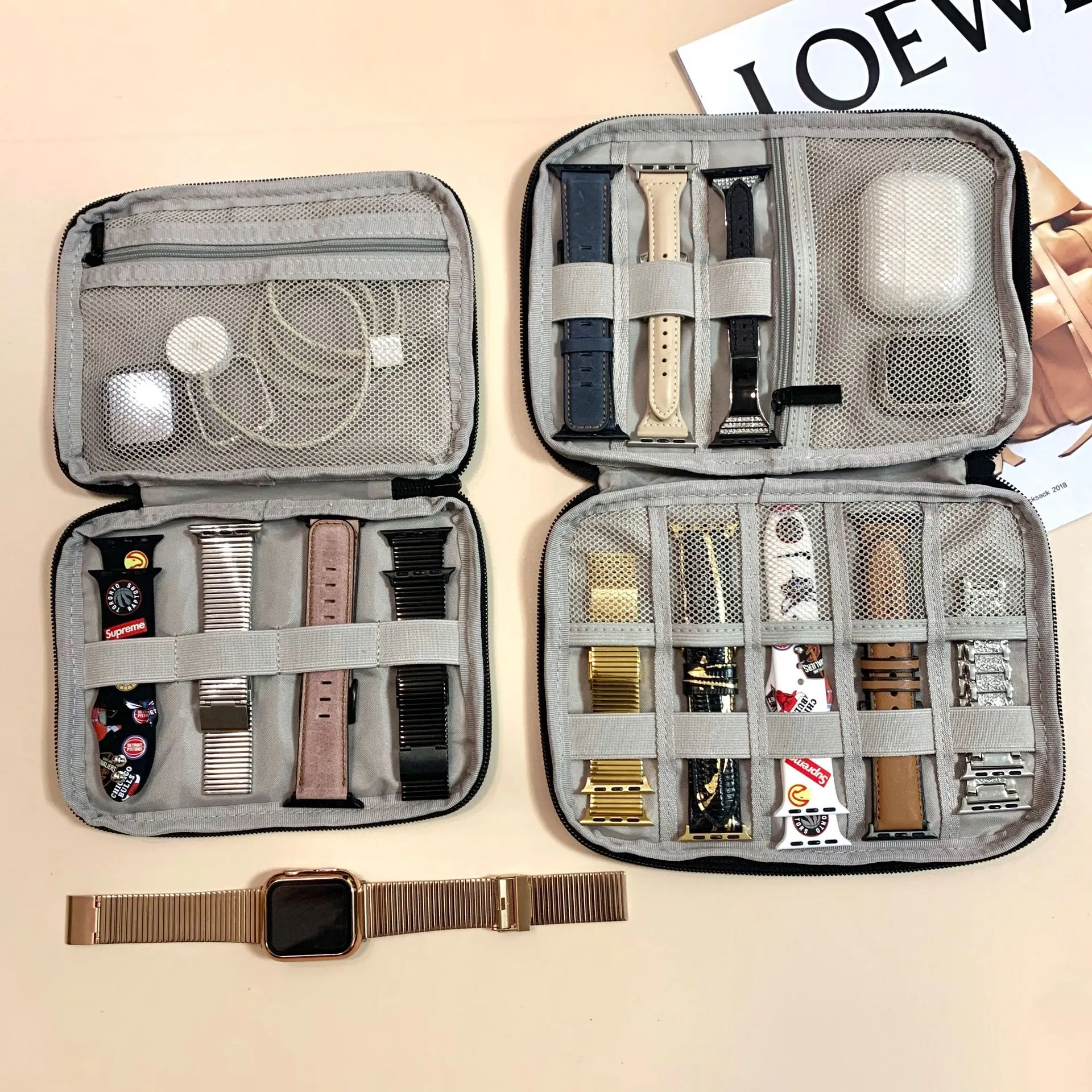 Portable Watch Band Storage Bag Nylon Fabric Water Resistant Travel Organizer For Smartwatch Straps Charging Cables Electronic Accessories Zipper Pouch