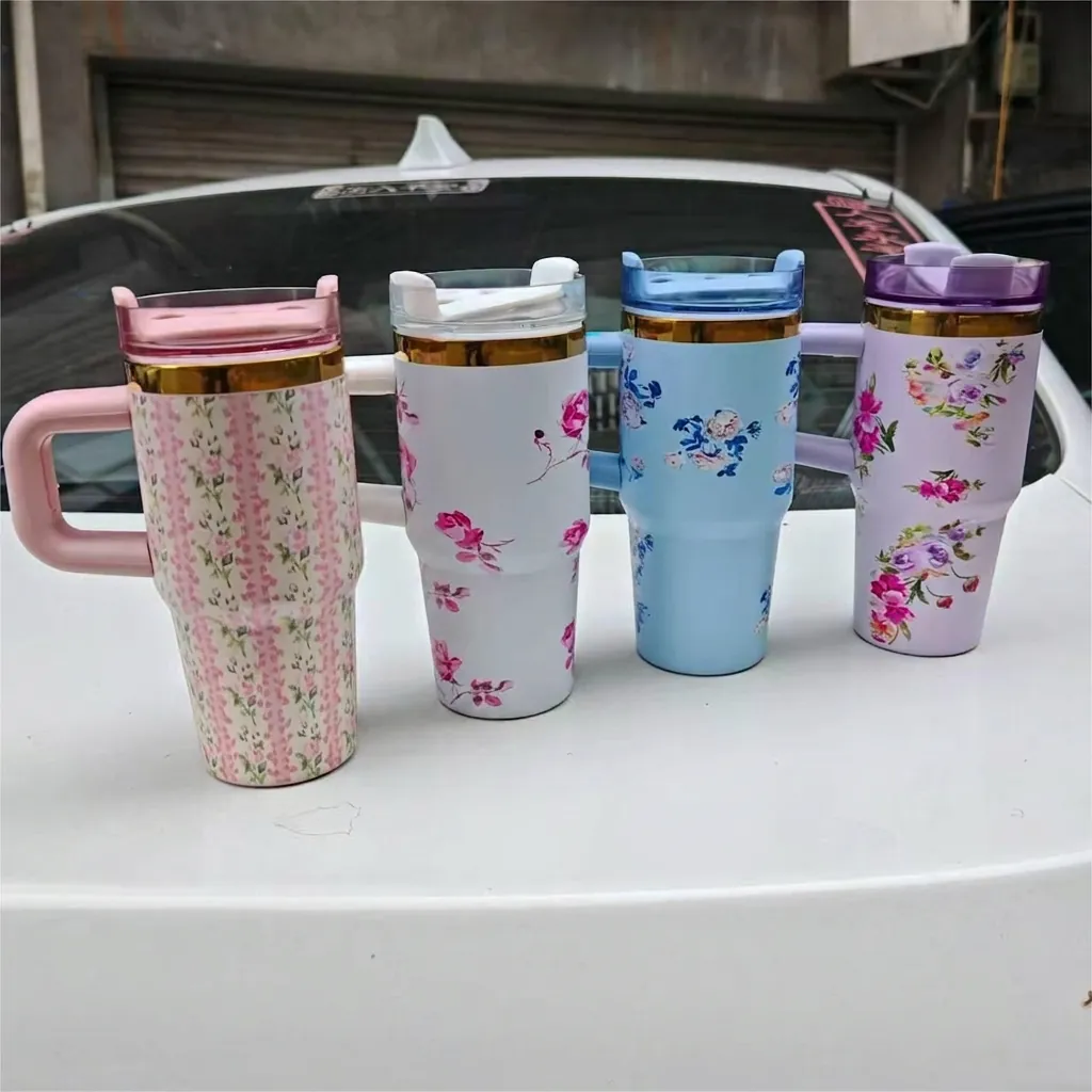 Insulated 304 Stainless Steel Tumbler Vacuum Cup With Handle Lid And Straw Floral Print Car Travel Mug Portable