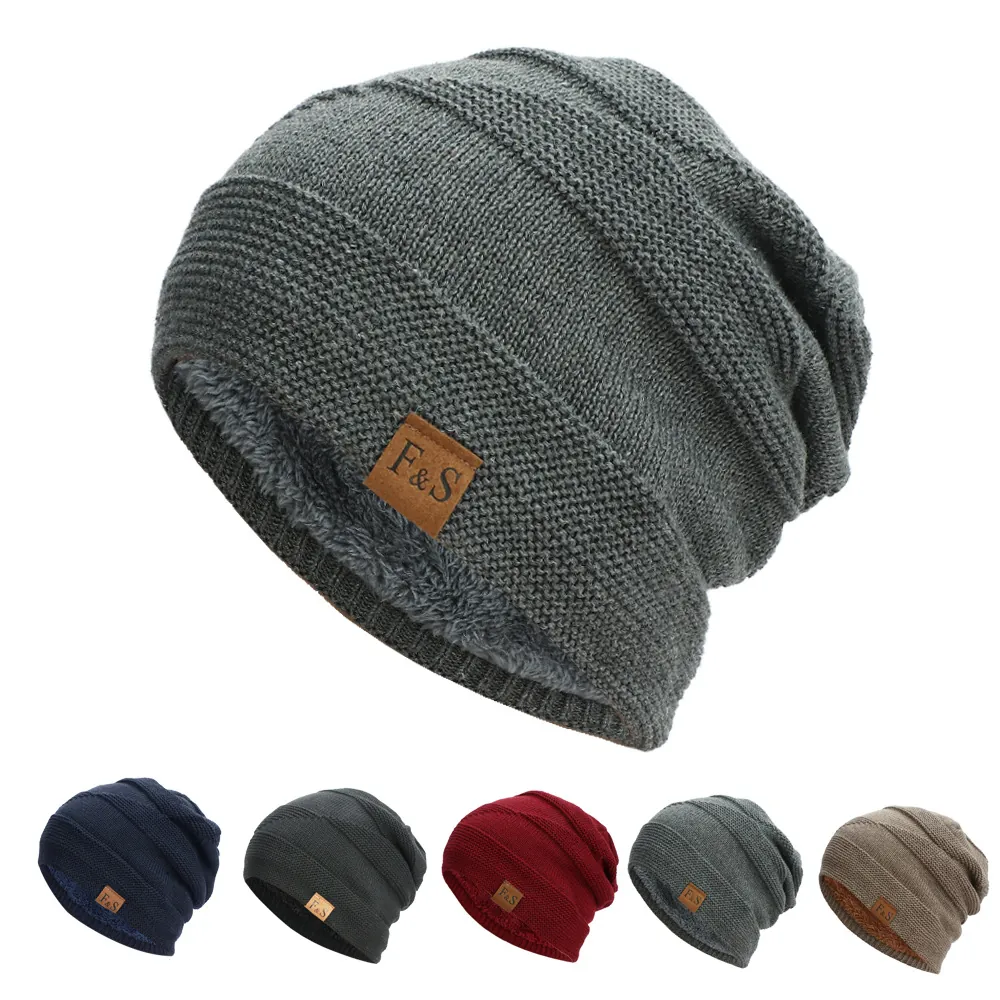 Winter Beanie Hat Knitted Acrylic Fleece Lined Warm Outdoor Ski Cap With Faux Leather Patch