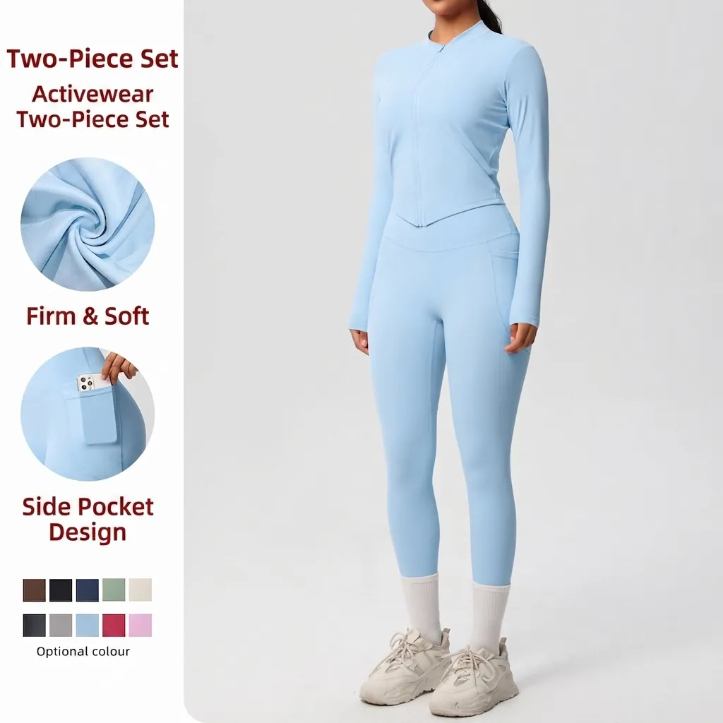 Tenue de Yoga Haut Et Bas pour Femmes Nylon Élasthanne Taille Haute Poche Latérale Fermeture Éclair Fitness