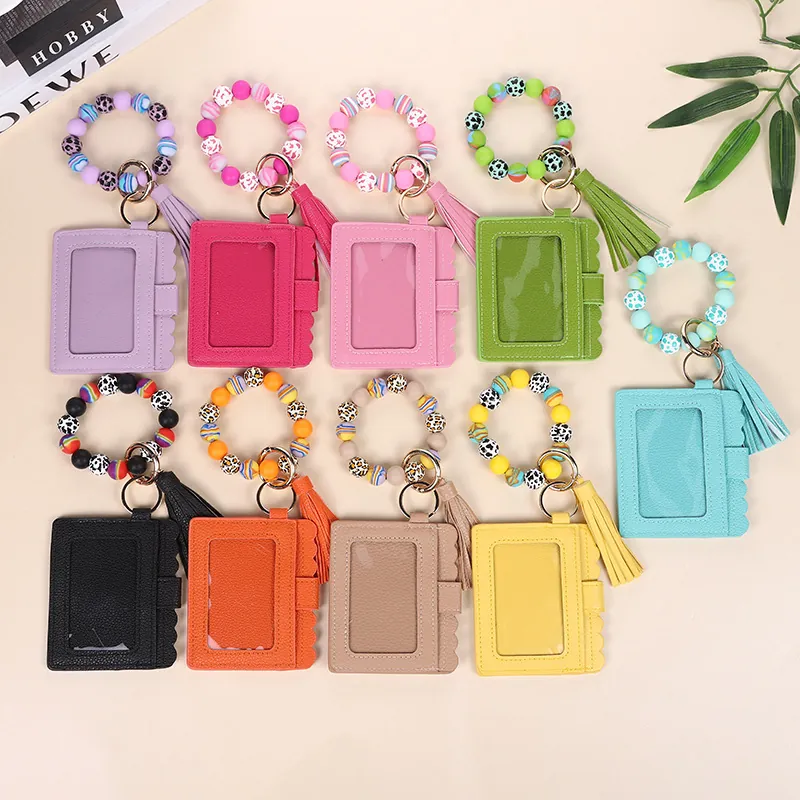 Silicone Bead Wristlet Keychain With PU Leather Card Holder And Tassel Leopard Print ID Window For Women Fashion