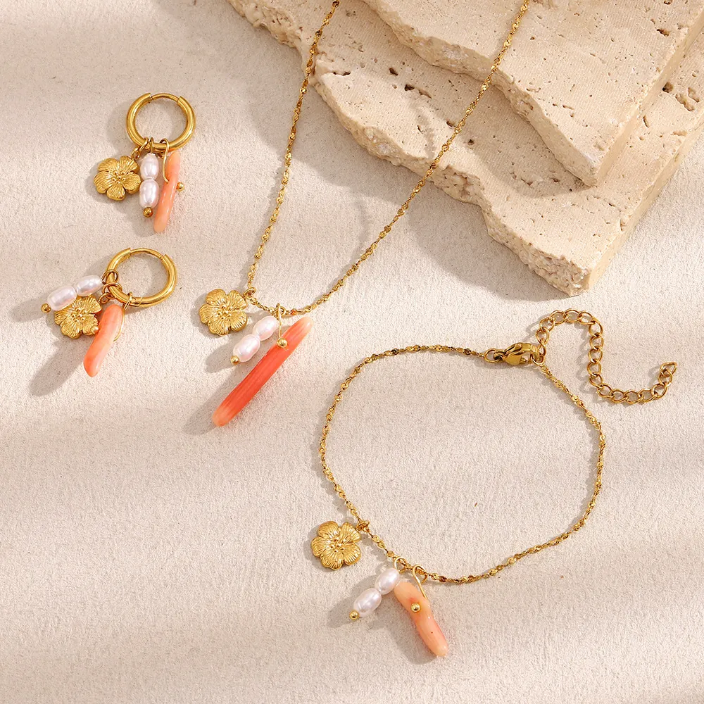 Flower Pendant Necklace Earrings Bracelet Jewelry 316L Stainless Steel 18K Gold Plated Artificial Pearl Coral Boho Women