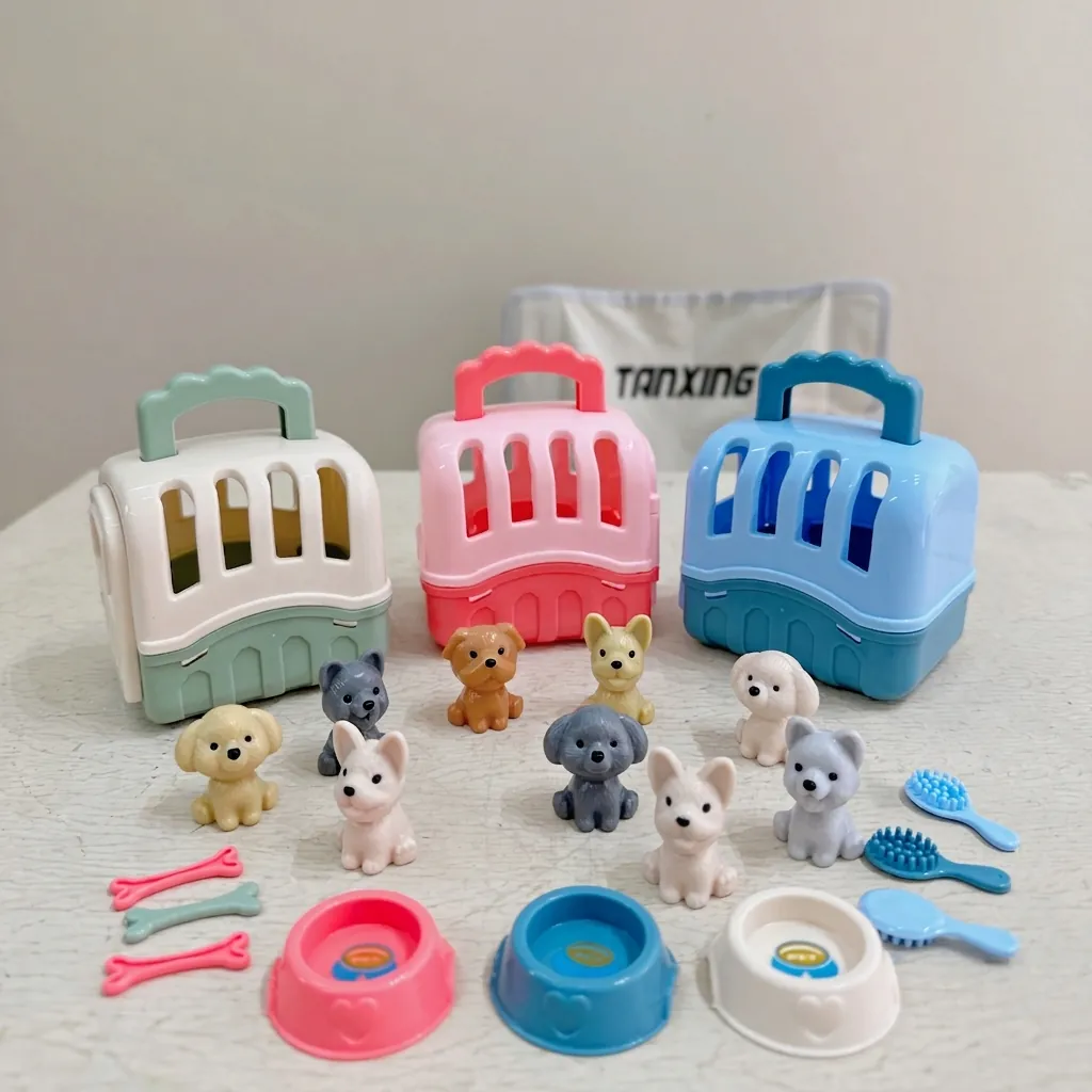 Plastic Pet Care Role Play Toy Portable Puppy Cage With Miniature Dog Figures Grooming And Feeding Accessories For Kids