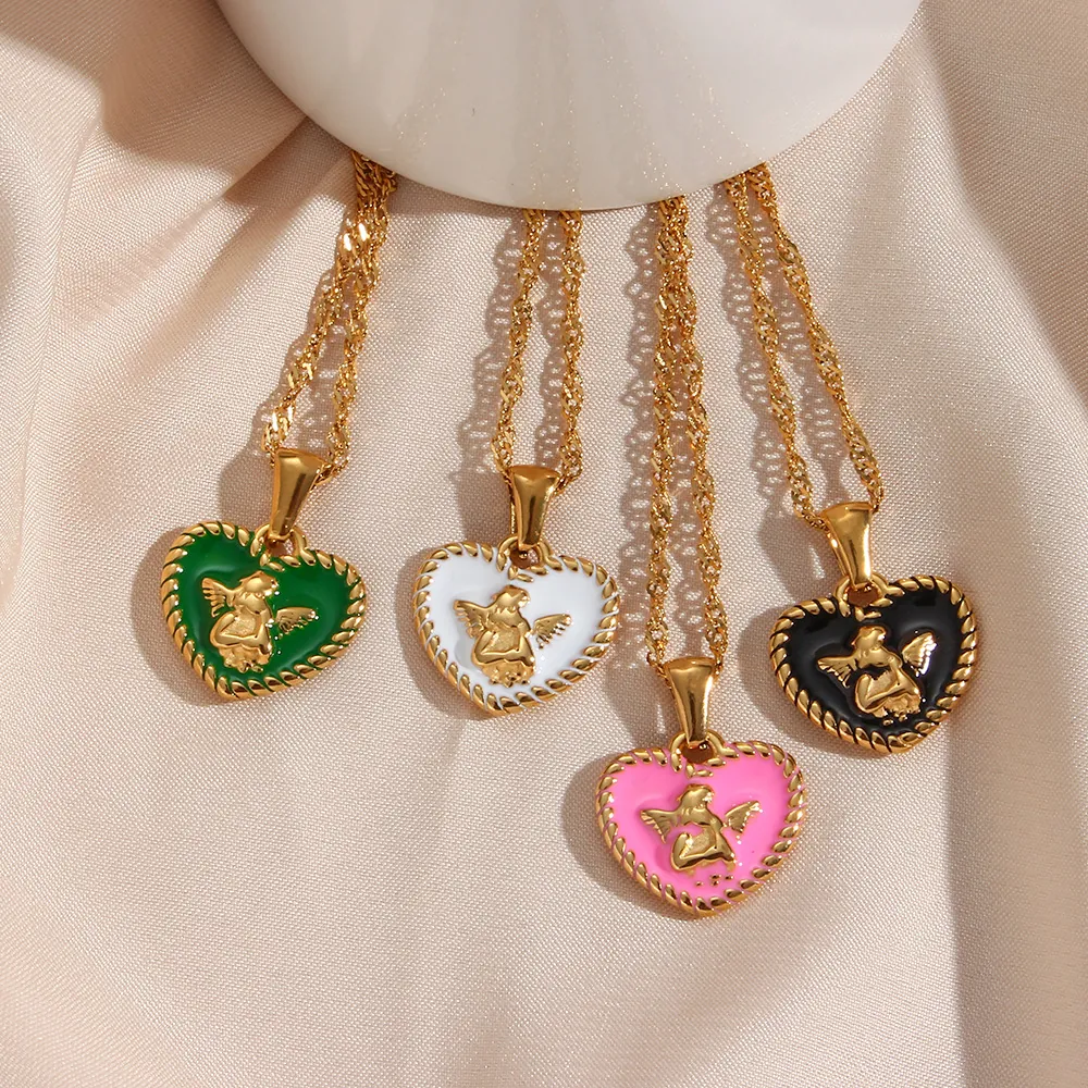 Vintage Stainless Steel Heart Pendant Necklace For Women Gold Plated Enamel Angel Cupid Relief Twist Chain Jewelry