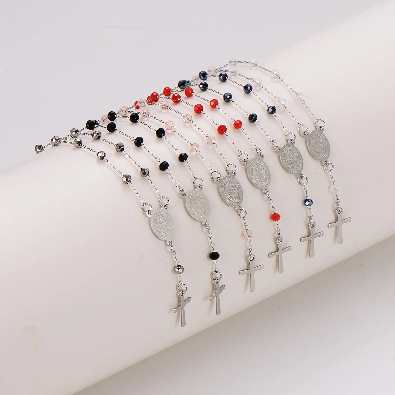 Stainless Steel Beaded Rosary Bracelet With Crucifix Cross And Virgin Mary Medal Religious Spiritual Jewelry For Unisex