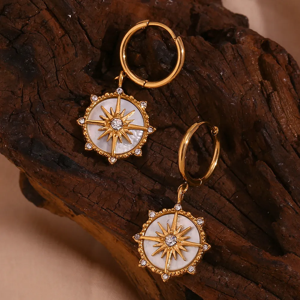 Boucles D'oreilles Créoles Pendentif Boussole Étoile Acier Inoxydable Plaqué Or 18K Coquille Strass Femme Vintage