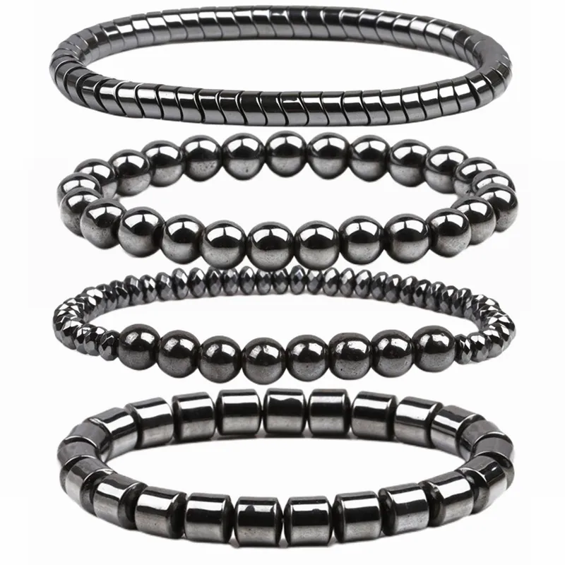 Hematite Magnetic Beaded Bracelet For Men Natural Black Stone Elastic Healing Jewelry Faceted Round Cylindrical Beads