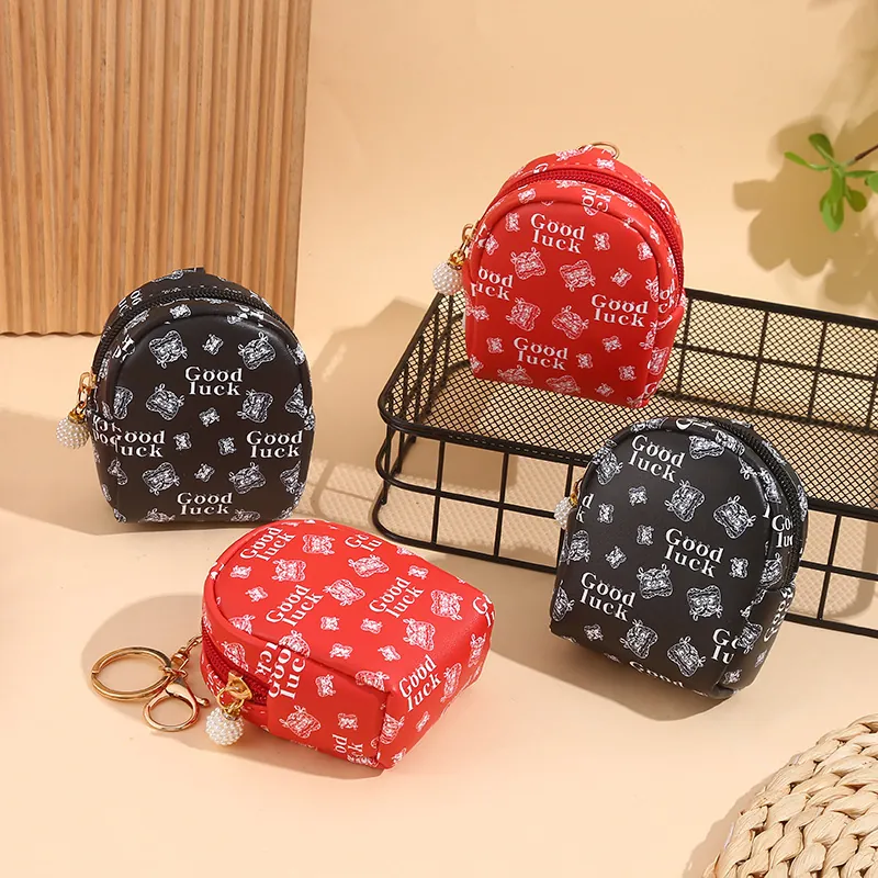 Mini Backpack Coin Purse PU Leather Keychain Earphone Storage Pouch Cartoon Animal Print With Artificial Pearl Pendant Charm