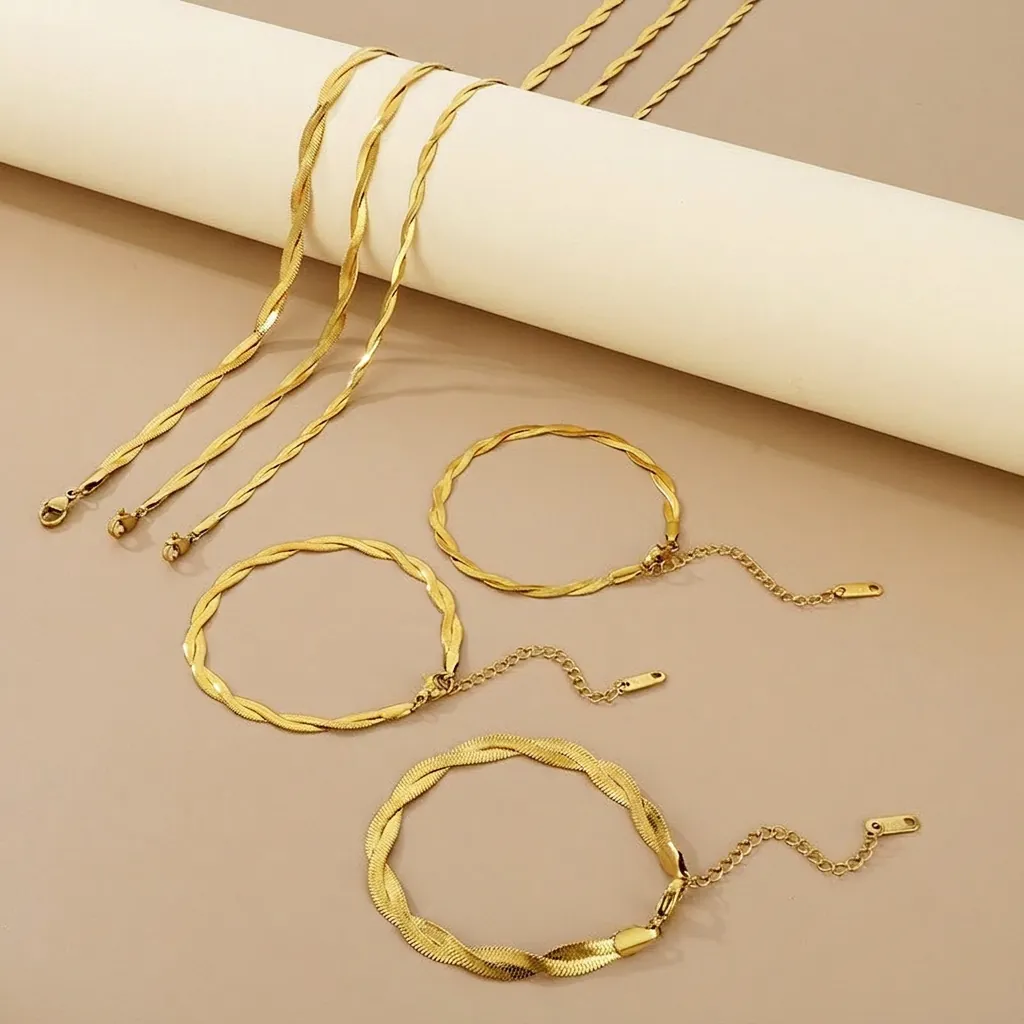 Minimalist Stainless Steel Braided Herringbone Snake Chain Jewelry Set For Women Two-tone Gold Silver Bracelet Necklace Adjustable Fashion Accessory