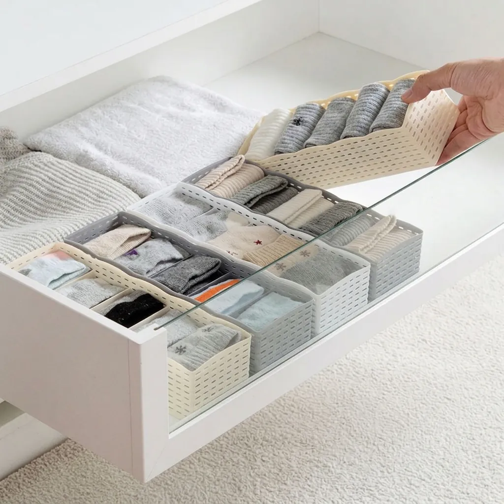 Schubladen Organizer Box Mit Fächern PP Kunststoff Geflochtene Textur Stapelbar Lagerbehälter Für Unterwäsche Socken
