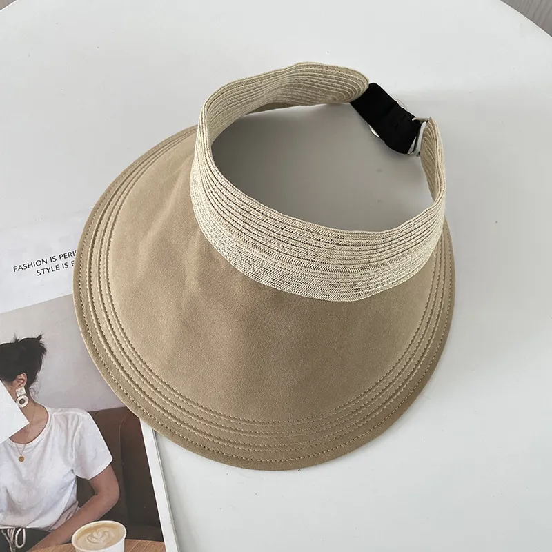 Women Sun Visor Hat Empty Top Straw Cloth Patchwork Large Brim UV Protection Adjustable Summer Breathable Korean Style