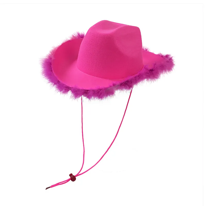Western Cowboy Hat Feather Trim Wide Brim Adjustable Wind Rope Party Costume Colorful Jazz Style Princess Accessory