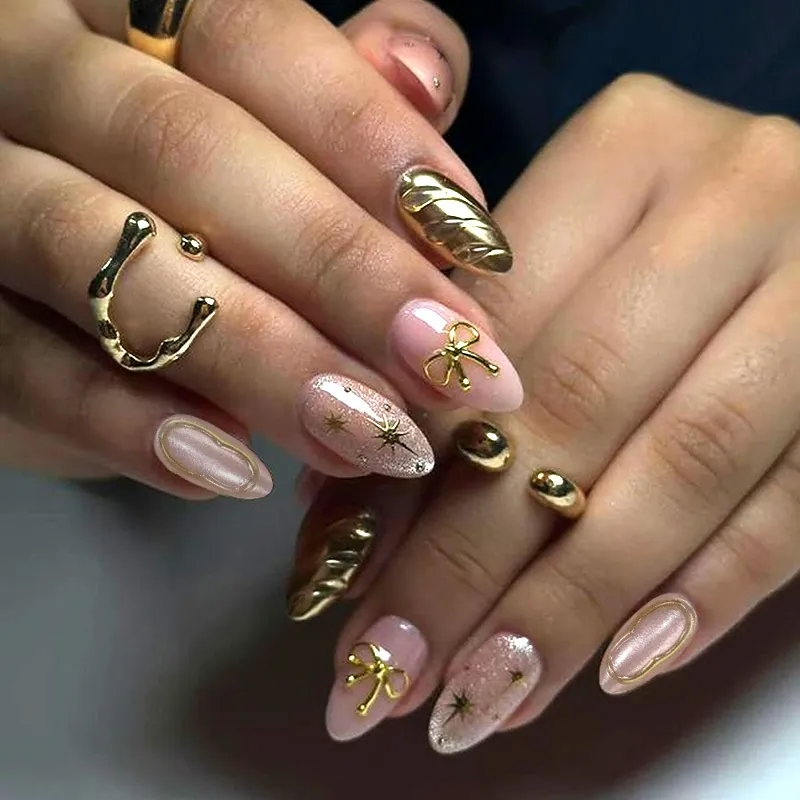 Almond Shape Press On Nails Pink And Gold Gilded Cat Eye Design Three Dimensional Bow Star Moon Patterns Elegant Manicure