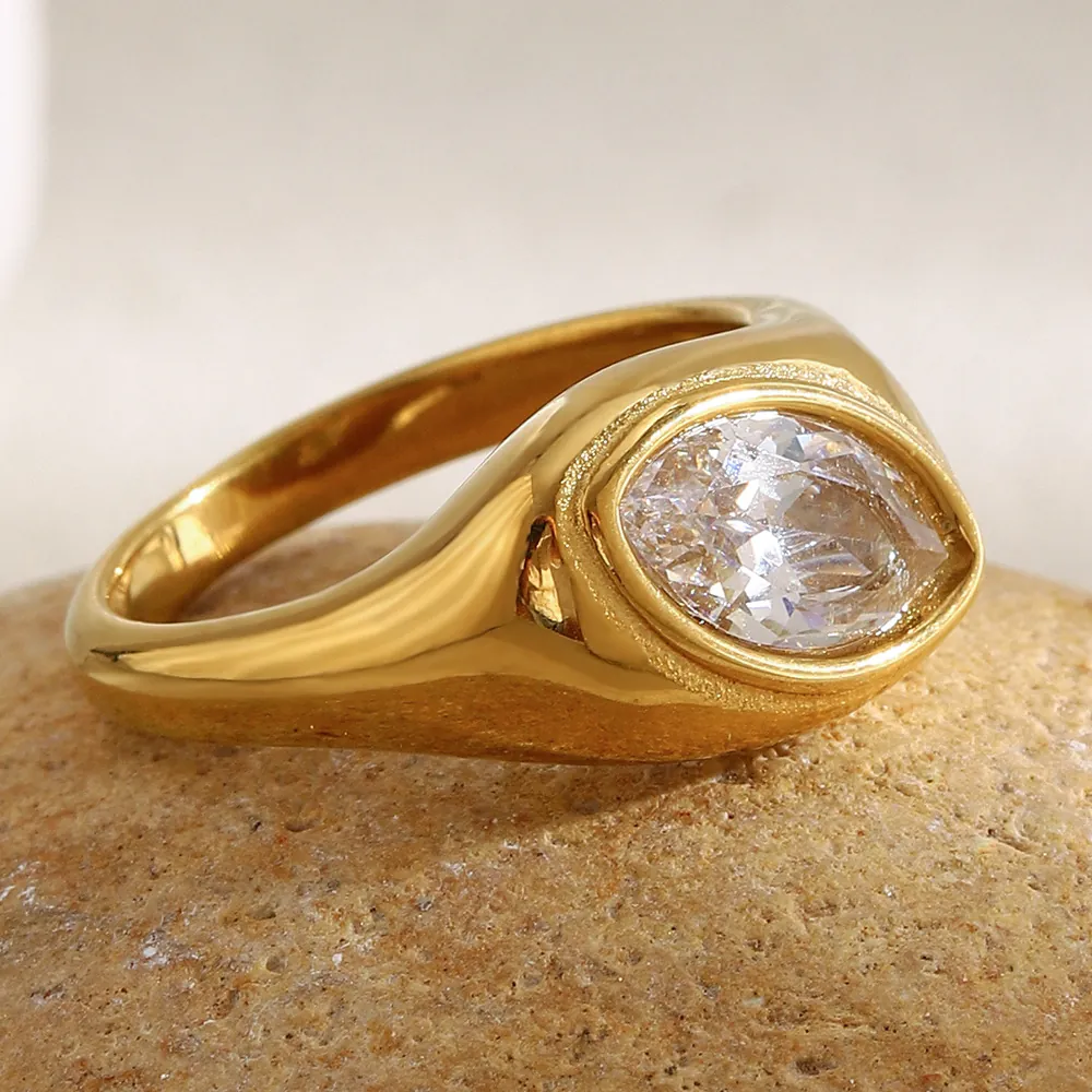Marquise Zircon Ring 18K Gold Plated Stainless Steel Thick Band Retro Minimalist Jewelry For Women Waterproof Unique